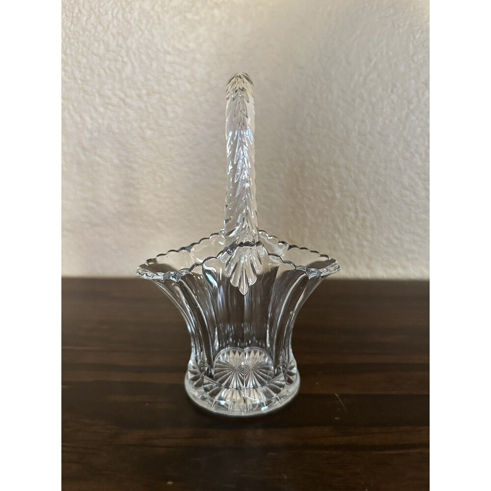 Duncan & Miller Glass Brides Basket Feather Handle Vintage 6” Tall
